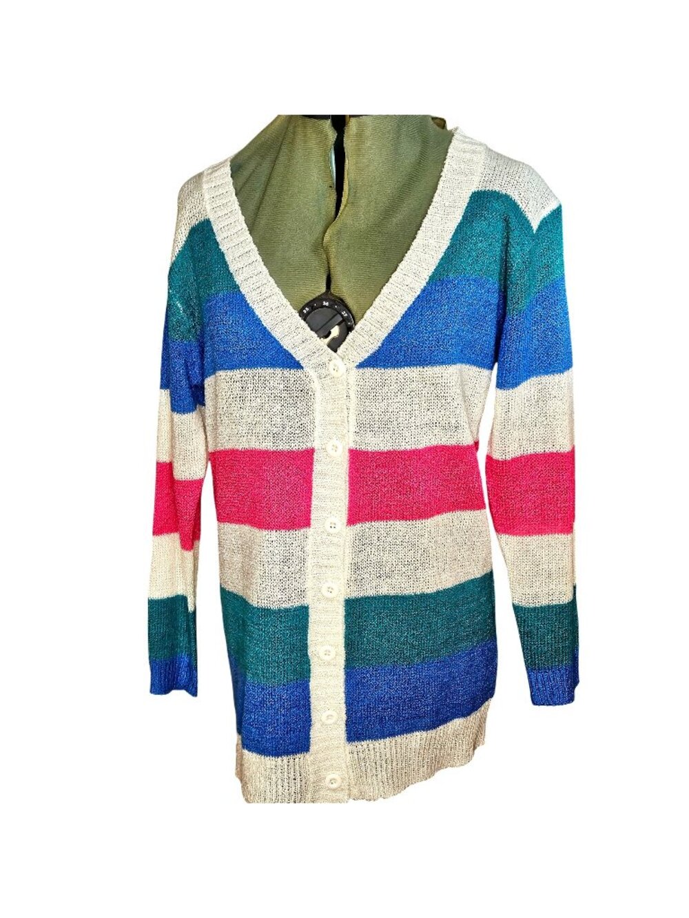 Woman's unbranded vintage preppy colligate large stripe multicolor cardigan M